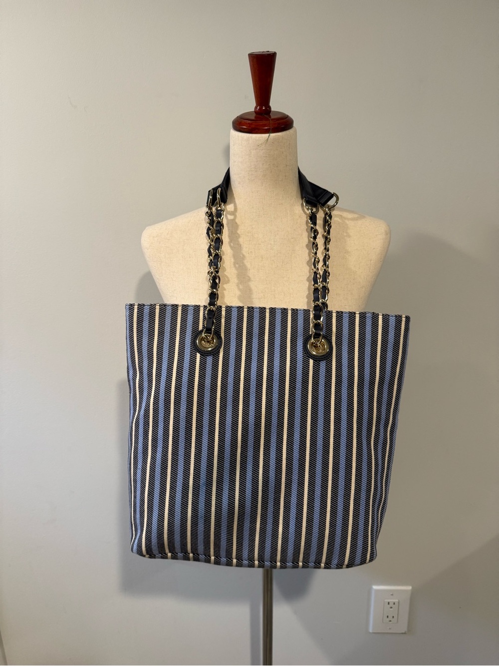 Talbot Striped Navy Tote Bag with Chain Straps